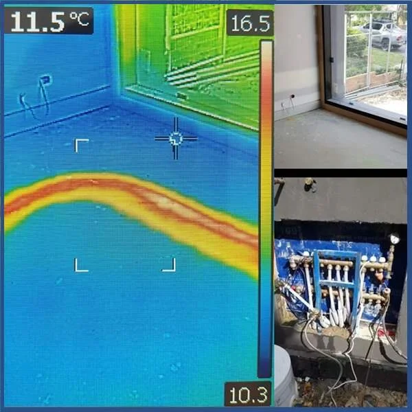 Thermal image tracing a hot water pipe in a floor