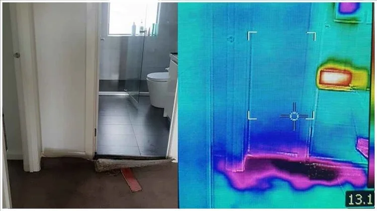 Thermal overlay showing a leaking pipe under a bathroom floor