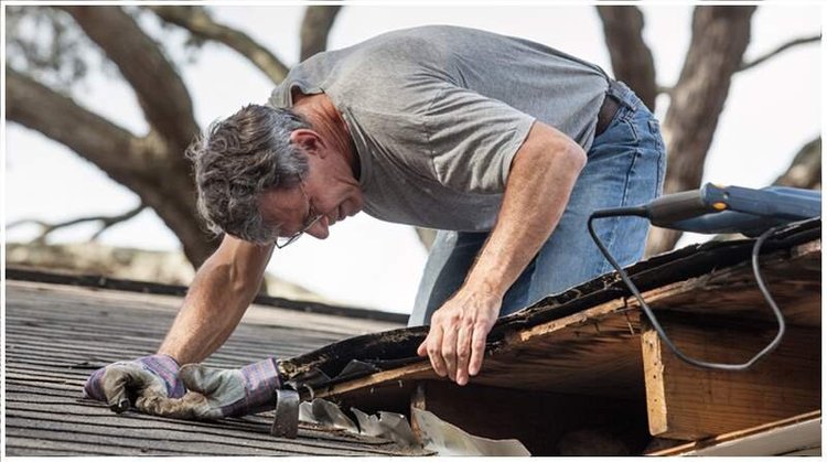 Technician inspecting a roof for a storm leak