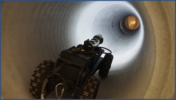 Crawler camera inspecting the inside of a large pipe