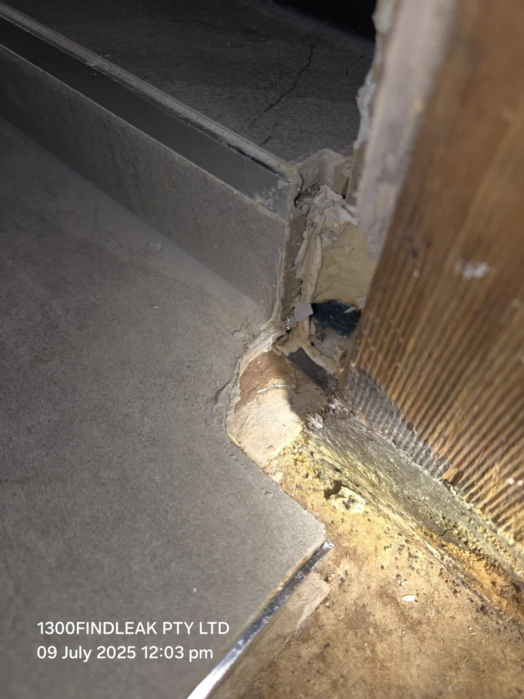 Water-damaged skirting beside a leaking shower