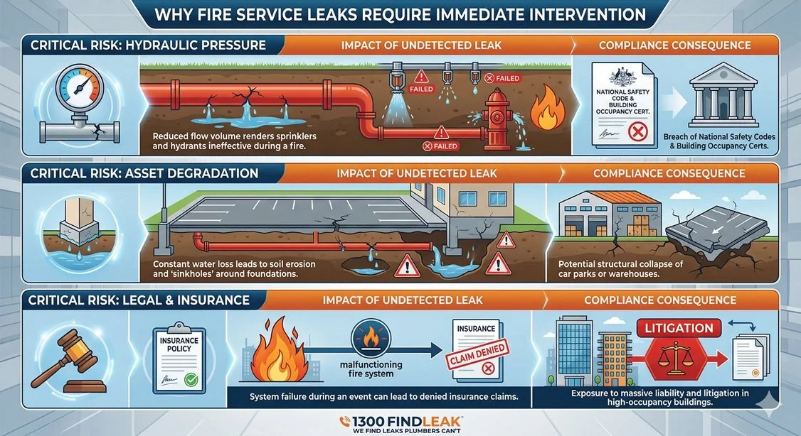 Infographic detailing fire service leak risks, including hydraulic pressure loss, structural asset degradation, and insurance claim denial.