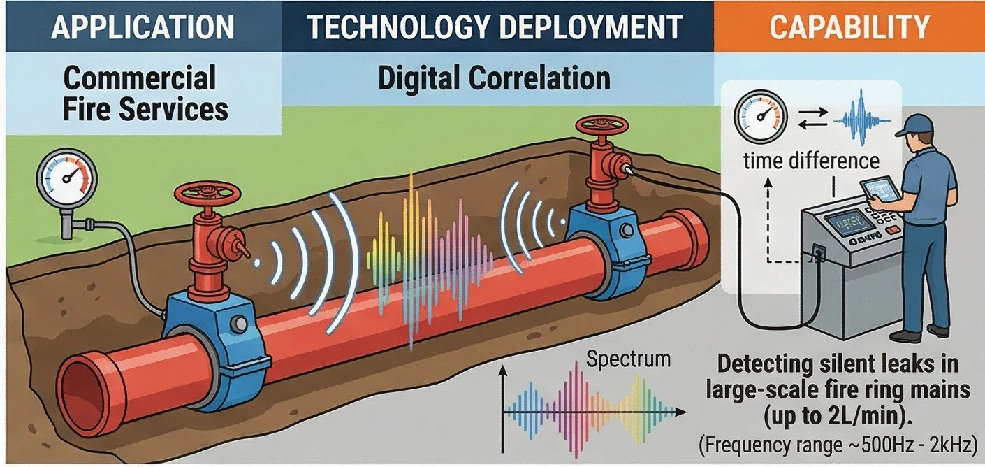Digital correlator time difference analysis identifying a silent leak in a commercial fire service ring main.