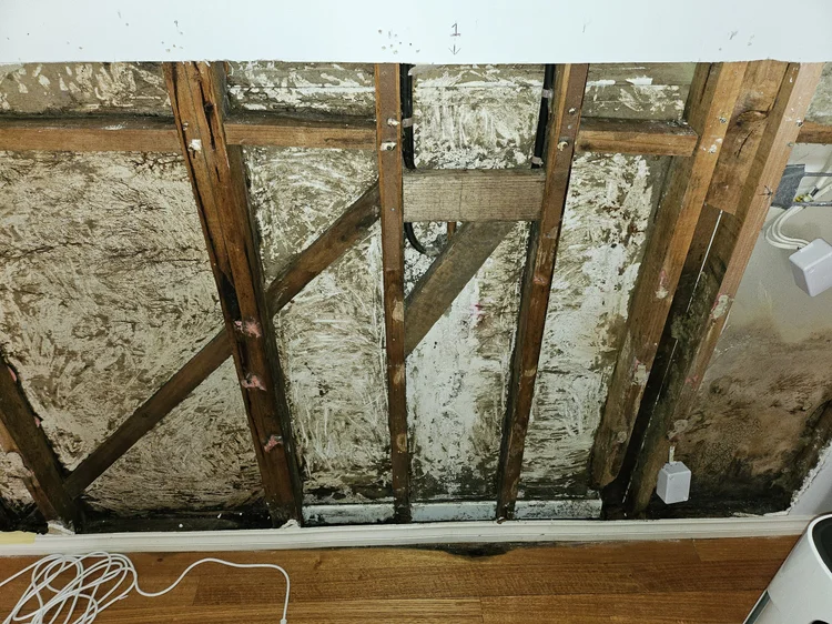 Mouldy wall frame behind a leaking shower
