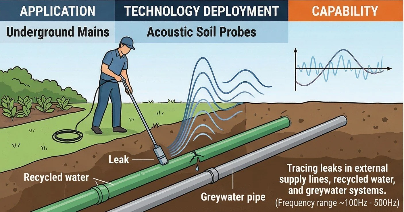 Low-frequency soil probe trace identifying an underground leak in recycled water and greywater supply lines.
