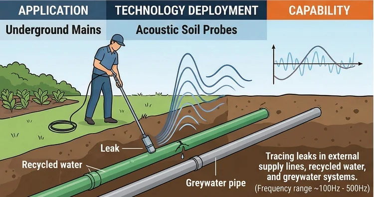 Diagram of soil probes used to find a leak in an underground water main