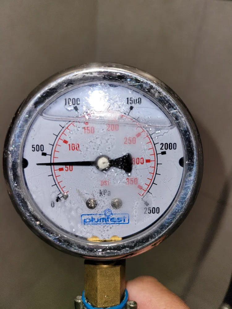 Pressure test gauge used to check water and gas lines for leaks