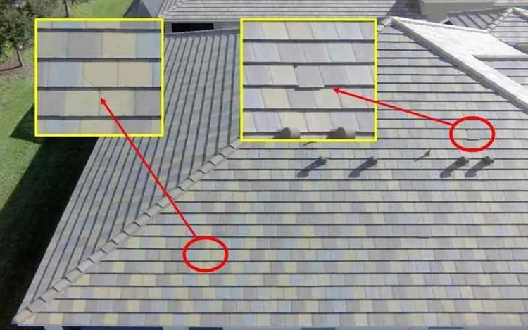 Drone roof inspection with problem areas marked after a storm
