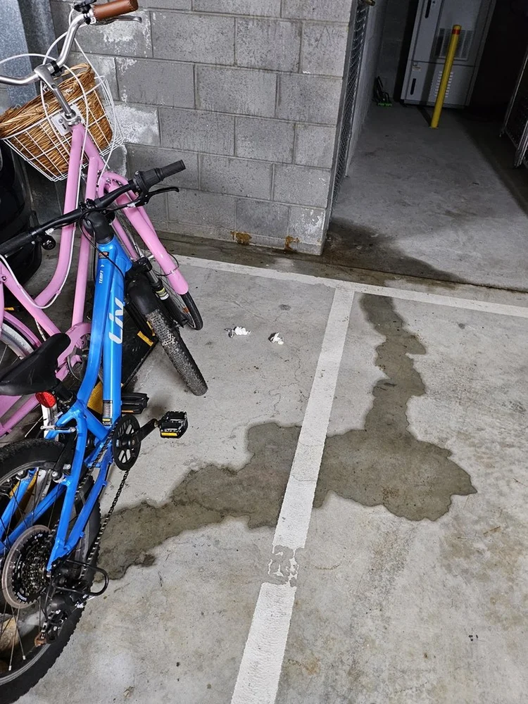 Wet car park floor from a hidden pipe leak in a commercial building