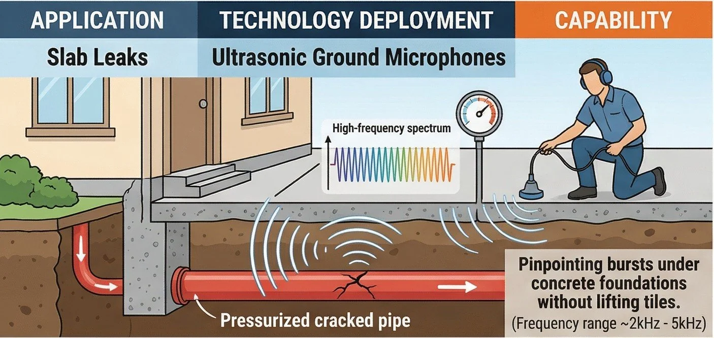 High-frequency ultrasonic spectrum analysis of a water leak under a residential concrete slab foundation.