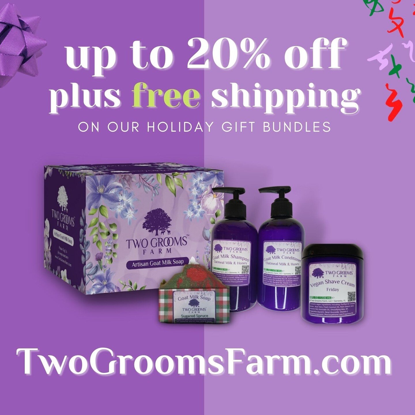Black Friday kinda sucked this year, right? Don't worry! We've created some wonderful gift bundles. Enjoy 10 to 20% off! Plus free shipping on all orders over $20. #TwoGrooomsFarm #goatmilksoap #HolidayGiftIdeas #FriendsOfTheGrooms #Farmstay