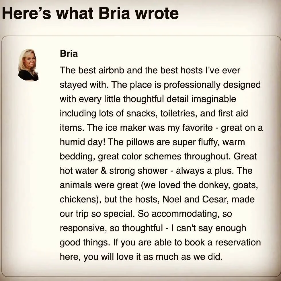 This makes us so happy. We really love hosting as much as they love staying. ⭐⭐⭐⭐⭐ #farmstay #TwoGroomsFarm #FriendsOfTheGrooms #Goats #Airbnb #VRBO #Yonder #FarmstayUSA