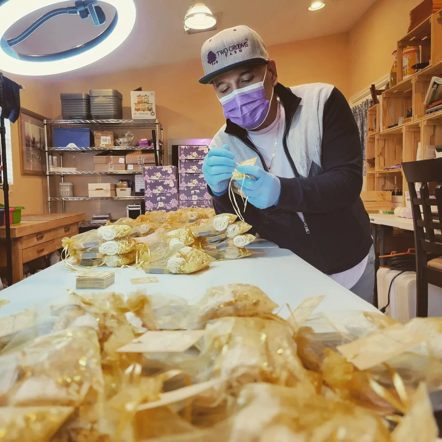 Our little soap room continues to evolve. Can't wait to deliver this very special wedding favors order. Thank you, Shelby, Rashad & Tiffany! #twogroomsfarm #goatmilksoap #weddingfavors #wedding #giftideas #goldwedding