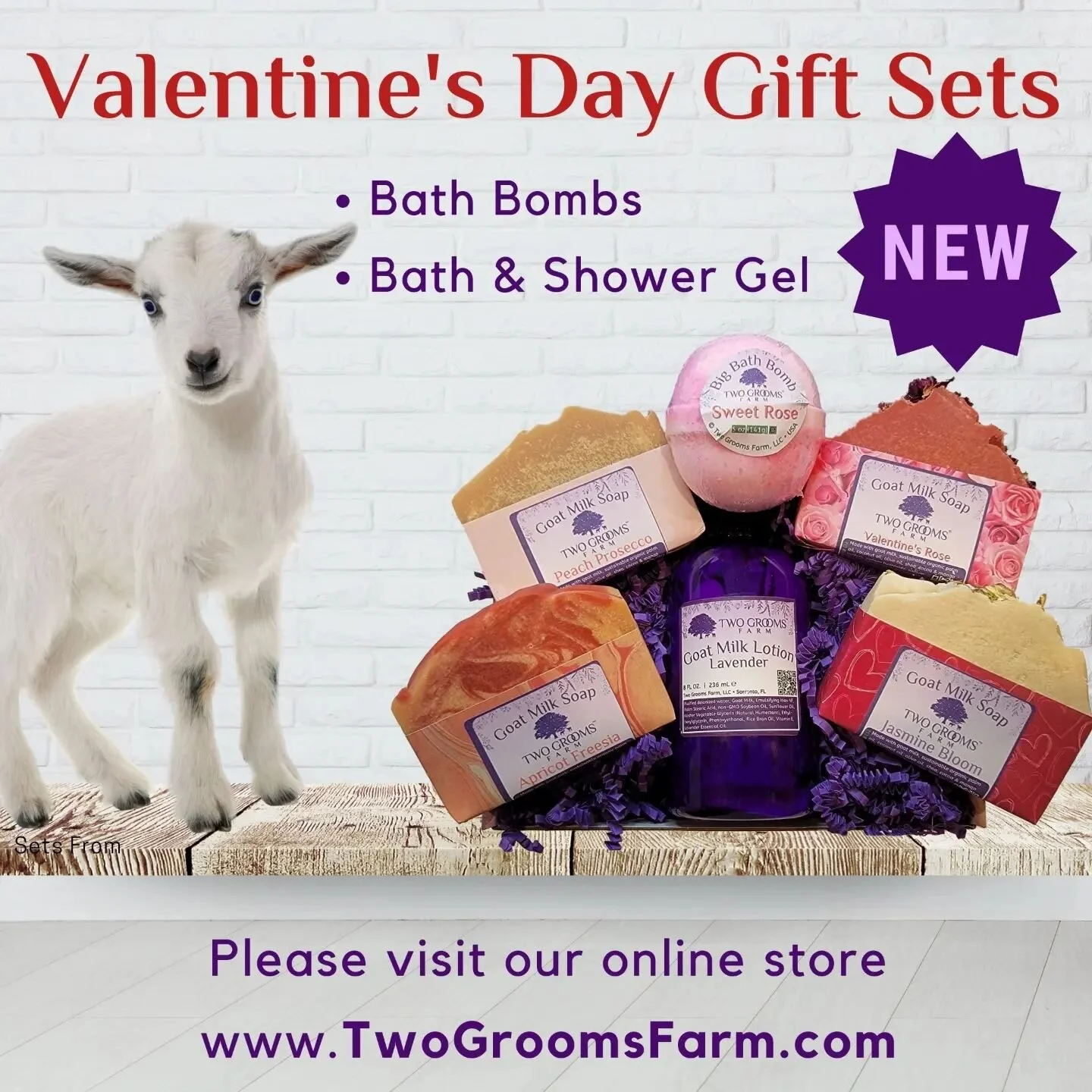 Here it is! Our annual Valentine's ❤️ Gift Bundles 🎁 including our NEW Bath Bombs 💣 and Goat Milk🥛Bath and Shower Gel 🛁 Maybe, get one for yourself, too? 🤠 🤠 🐐 
www.TwoGroomsFarm.com
#TwoGroomsFarm #GoatMilkSoap #GoatMilkProducts #FriendsOfThe