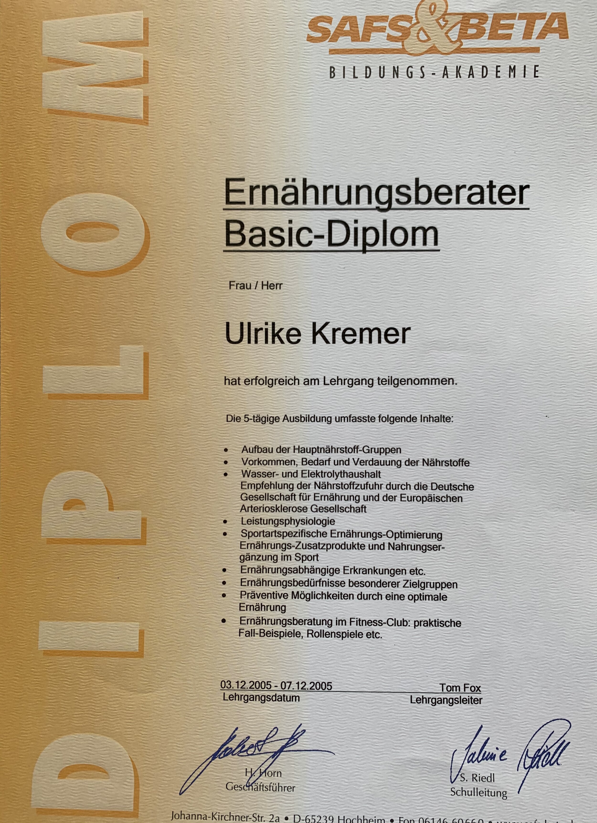 Ernährungsberater Basic Diplom 2005