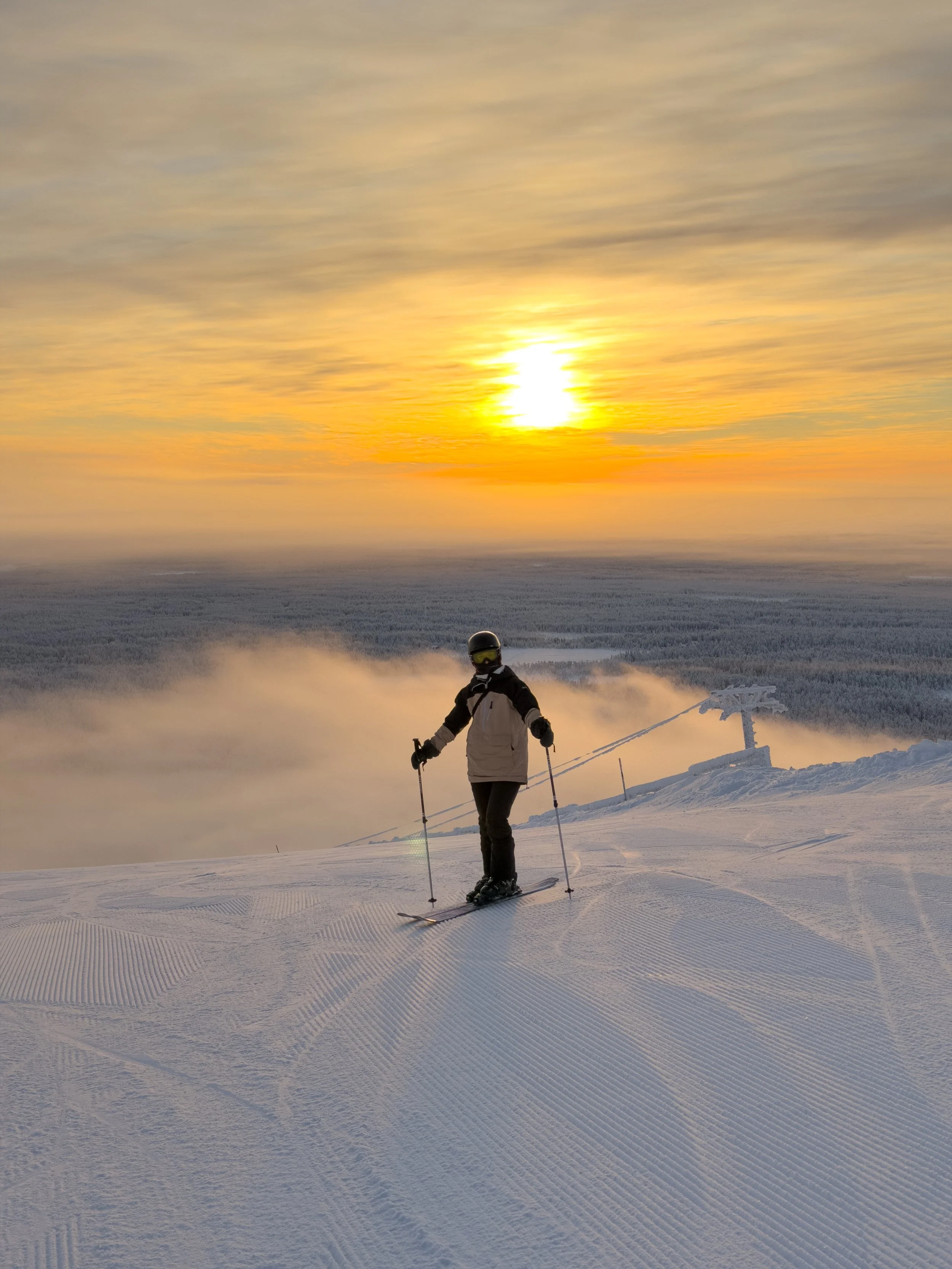 Golden hour skiing at Pyhä ski resort in Finnish Lapland