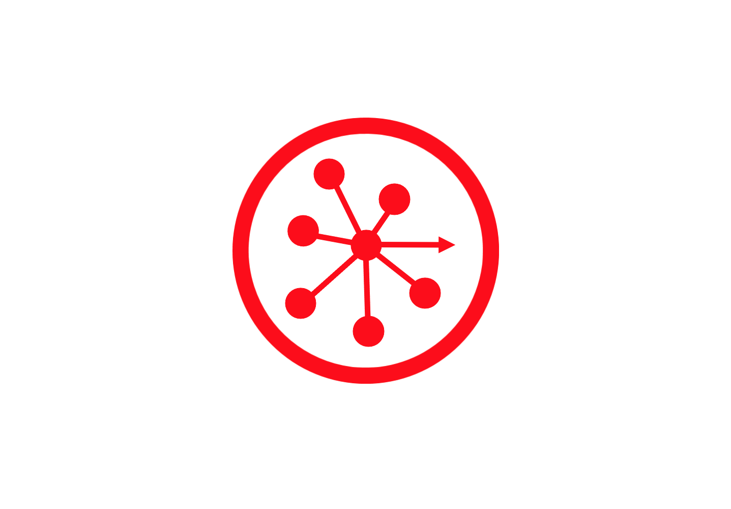 Red network diagram with multiple nodes connected to a central node inside a circle, with an arrow pointing right.
