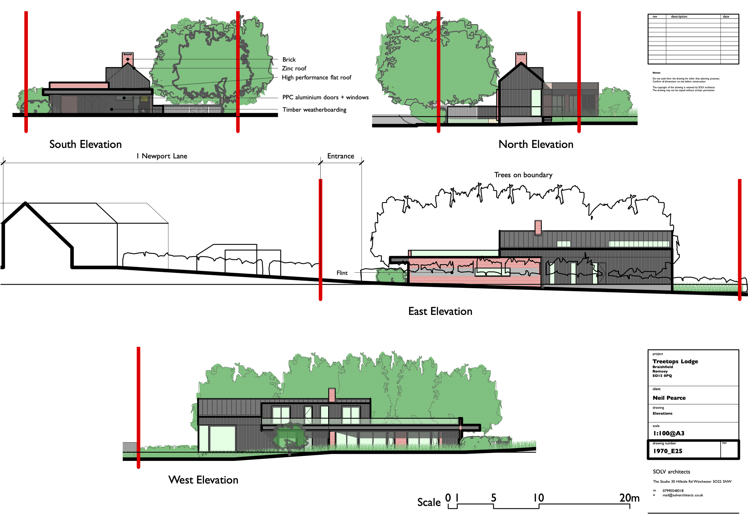 Architectural elevation drawings of Treetops Lodge in Braishfield, Romsey, showing South, North, East, and West views with labels for building materials, roof types, doors, windows, and trees on the boundary.