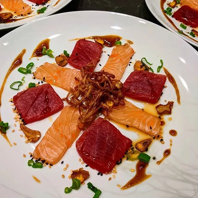 @rebelmerchant tasting menu dinner party fish course

Salmon and tuna sashimi w/ fried ginger and garlic, sesame oil, scallions, toasted sesames and unagi sauce

#foodadventure #foodies #fooddrools #foodlover #sashimi #tuna #salmon #asianfusion #japa