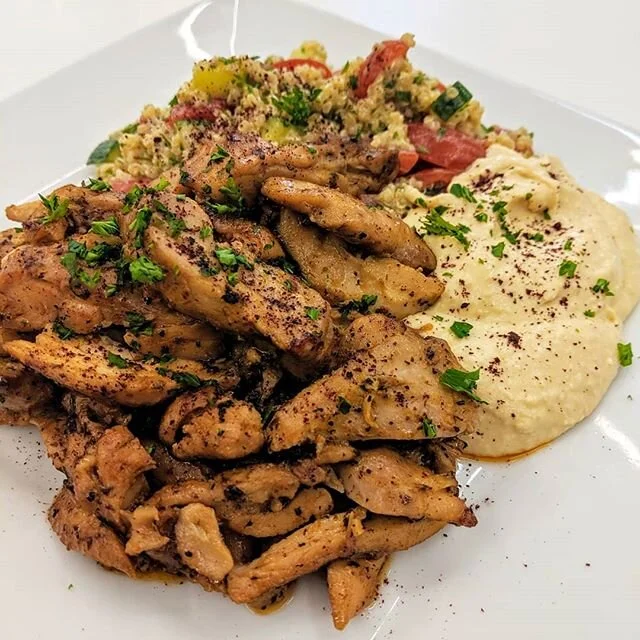 A little Middle Eastern lunch by @rebelmerchant 
Chicken shawarma w/ hummus, tomato cucumber and quinoa salad in a citrus tahini dressing topped w/sumac and Sriracha

#middleeasternfood #hummus #tahini #cheflife #chef #caterers #torontochef #torontoc
