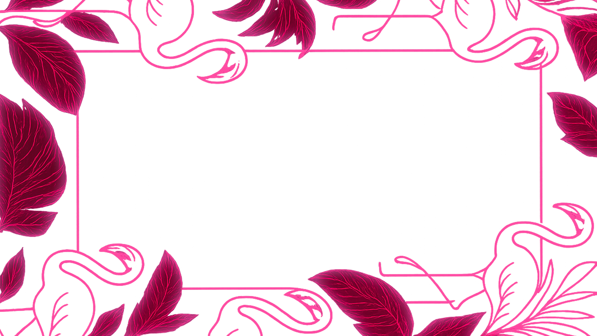 A pink digital illustration with leaves and abstract shapes surrounding a central blank rectangle.