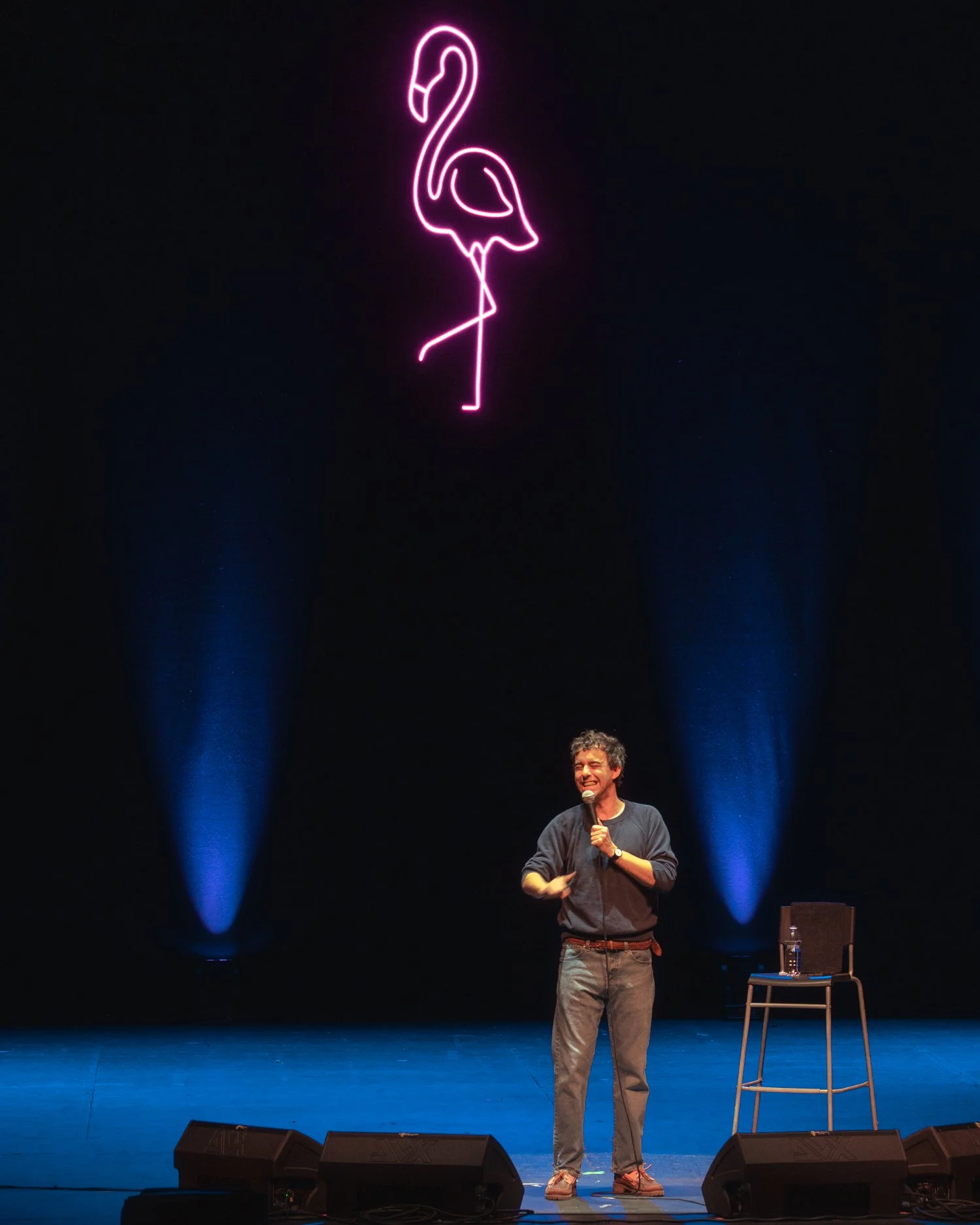 Comedian performing on stage with a microphone, standing in front of a black backdrop with a neon pink flamingo sign hanging overhead.