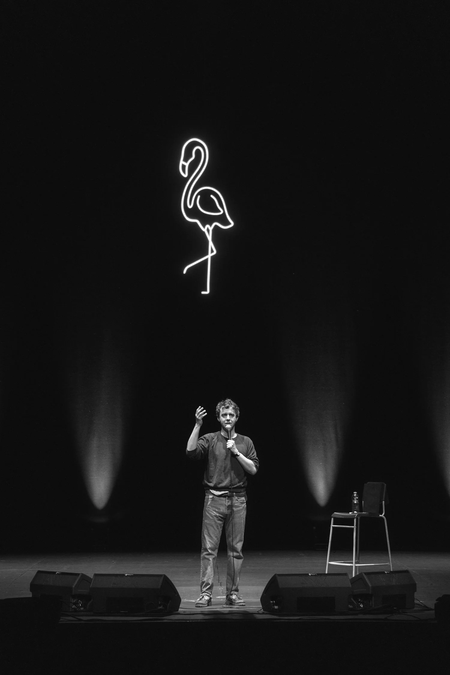 A man standing on stage holding a microphone, gesturing with his right hand, with a neon flamingo sign hanging above him and a chair to his right.