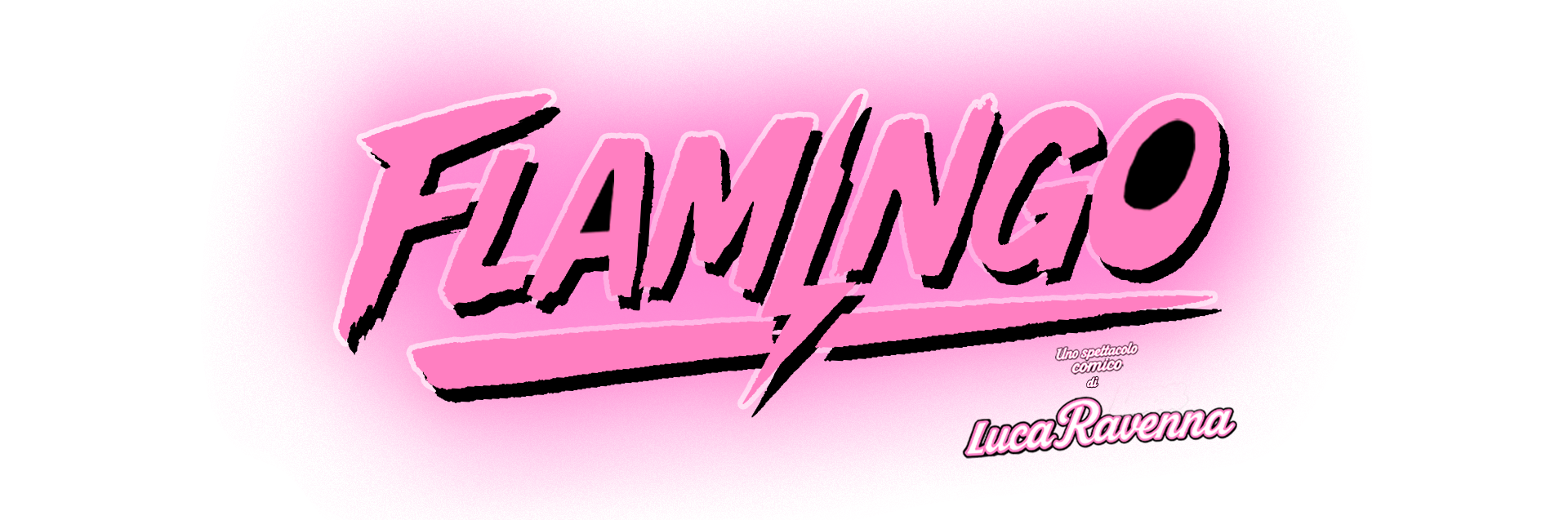 Pink promotional poster for 'Flamingo,' a comedy show by Luca Ravenna, with bold black and white stylized text.