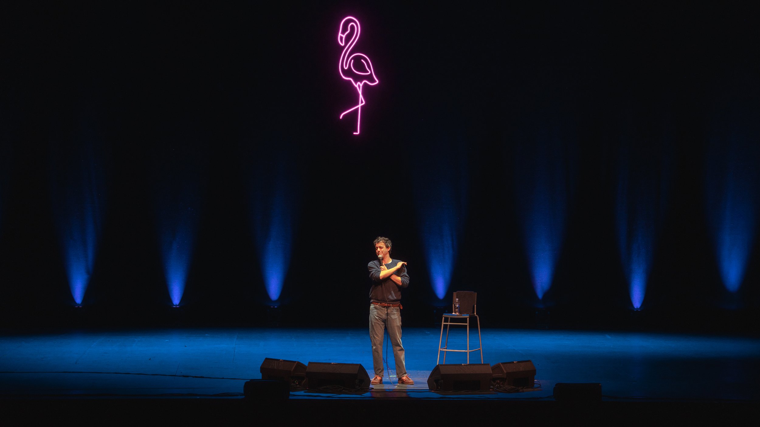 A man standing on a stage with a microphone, with a neon pink flamingo sign hanging above him and blue stage lights in the background.