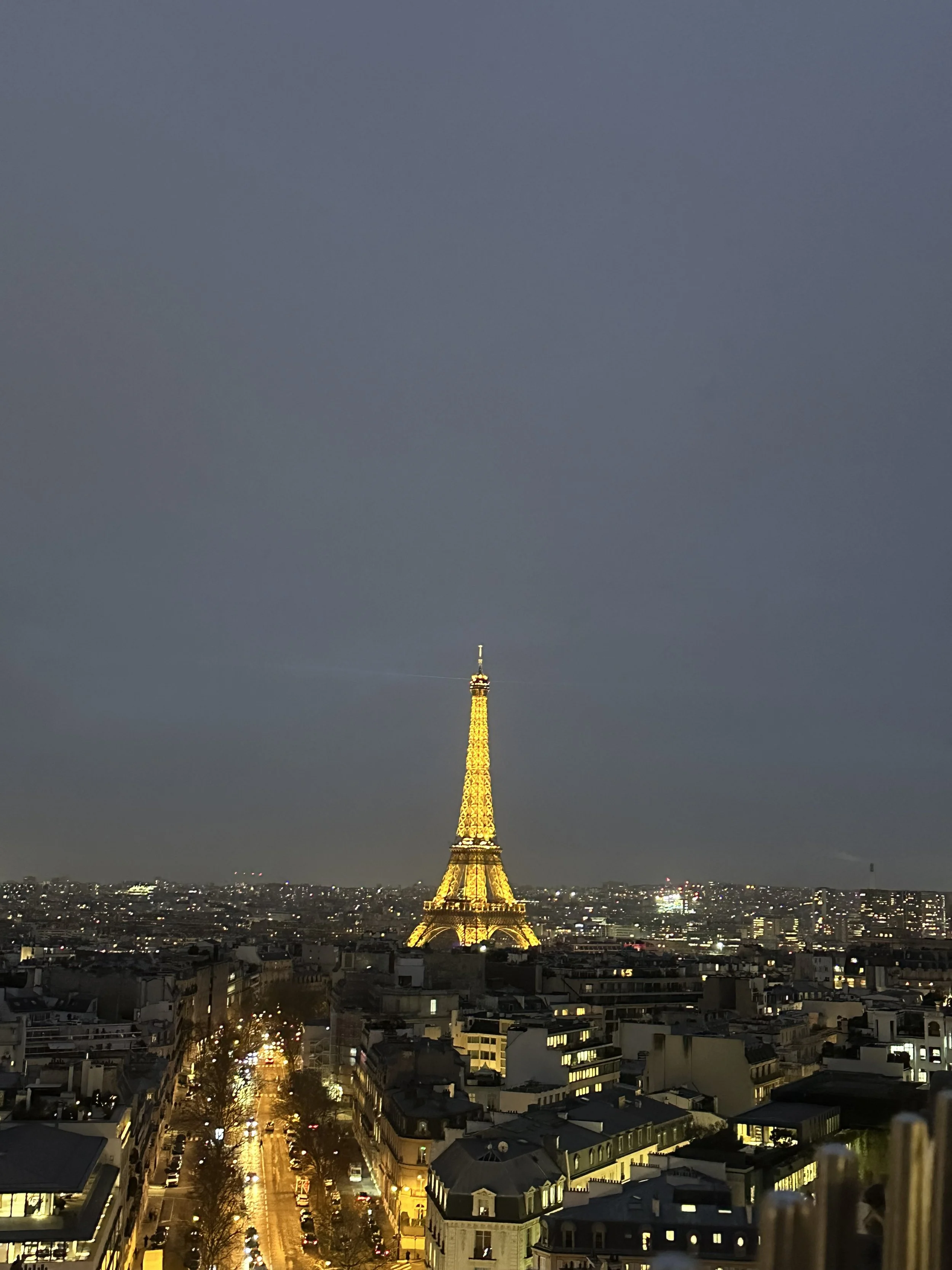 View of the Eiffel Tower lit up at night in Paris, France.