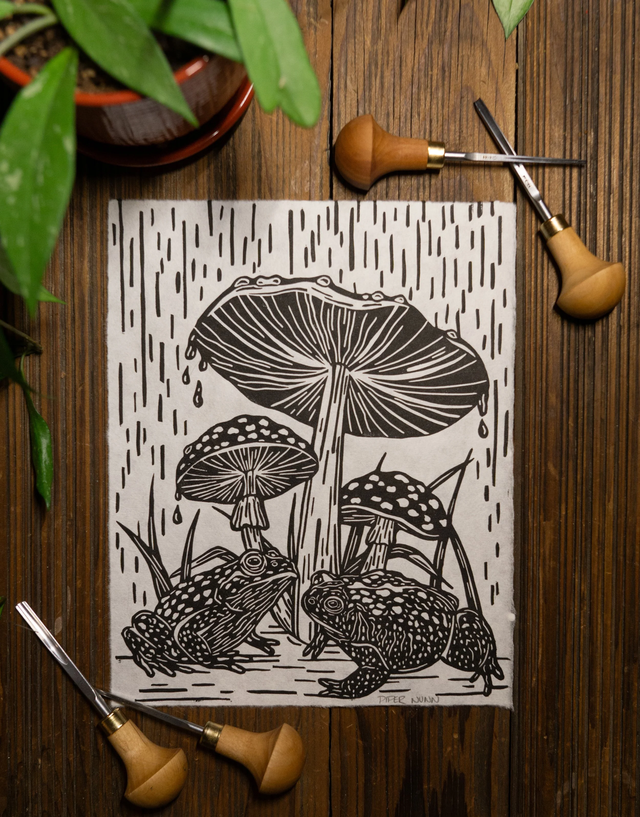 Mushroom & Toad Linocut Print