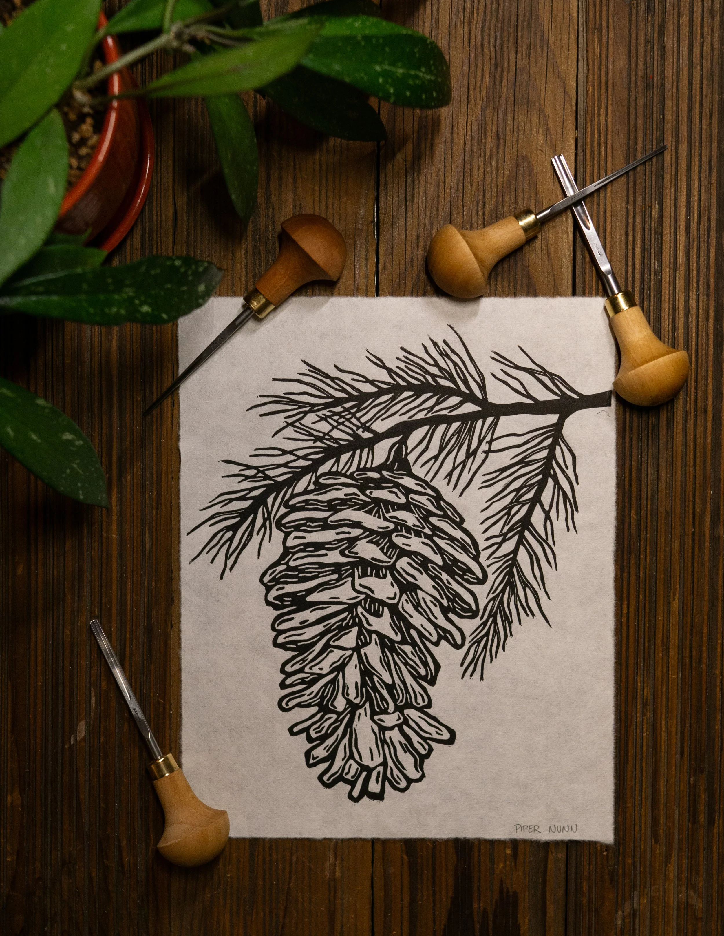 Pinecone Lino Print