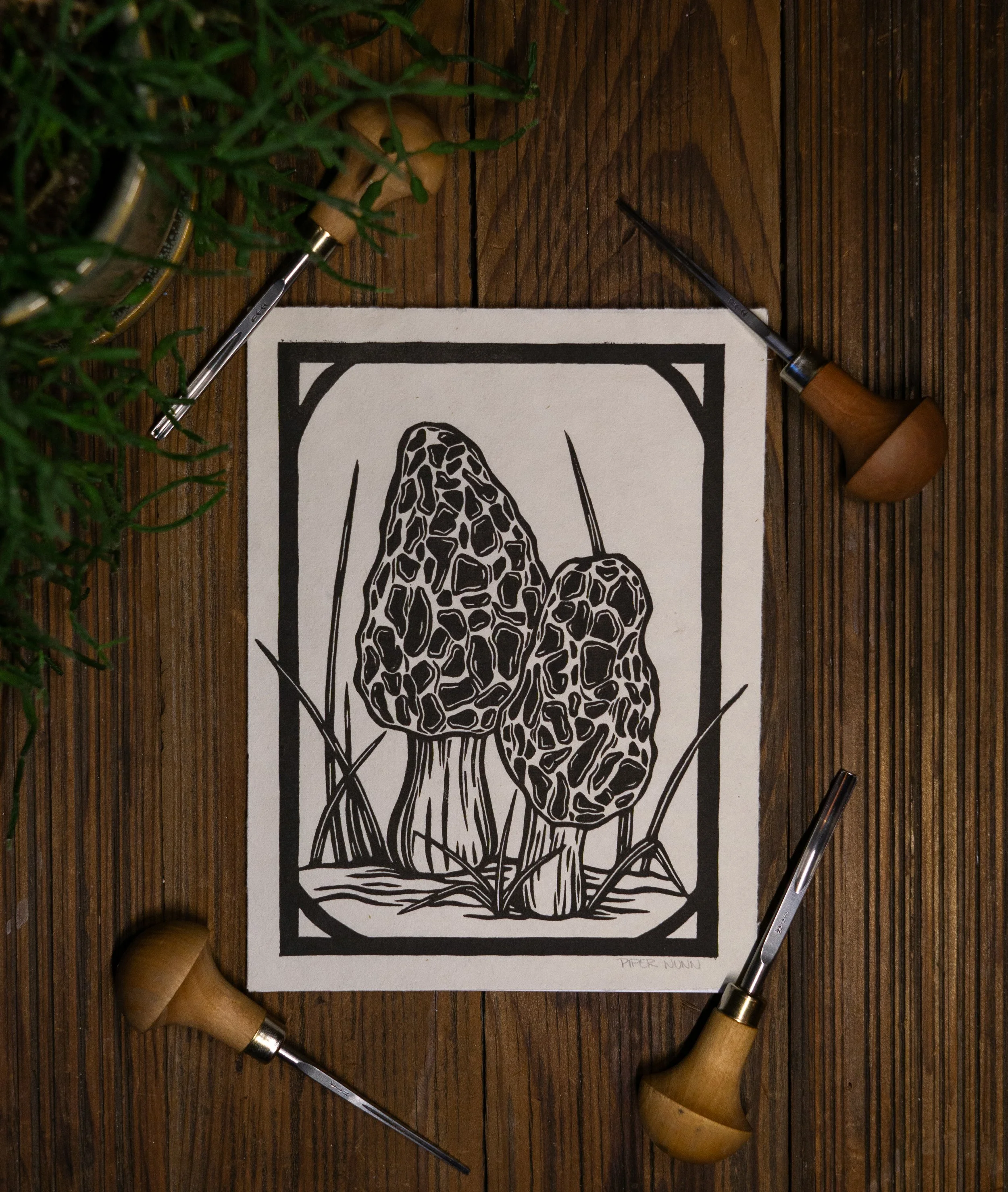 Morel Mushrooms Linocut Print
