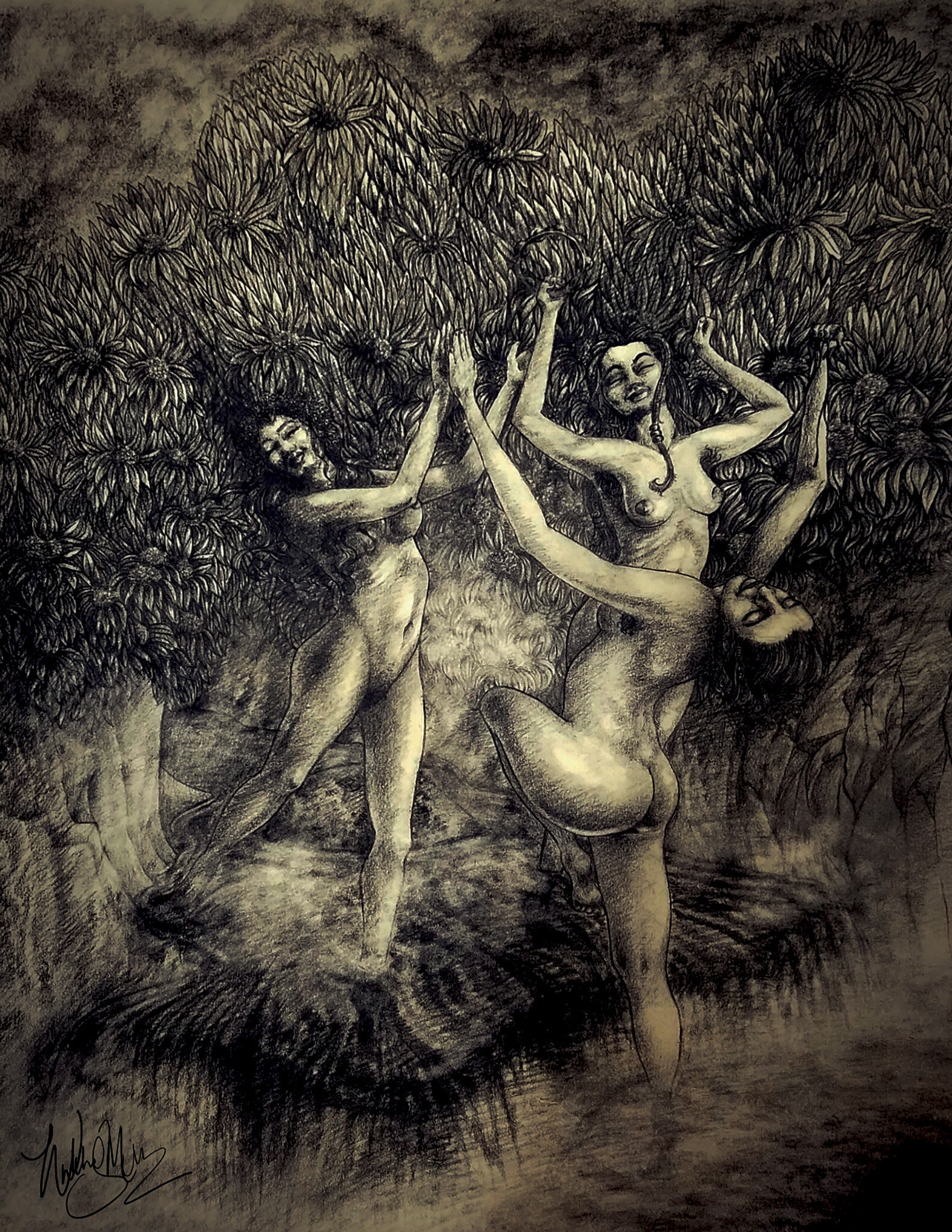 Three Muses; charcoal; 22" x 30"