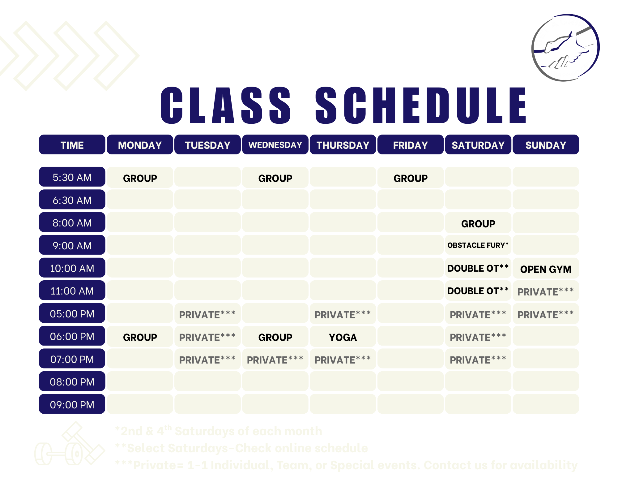 Get A Grip Class Schedule: Open Gym, Small Group Classes, Obstacle Fury, Yoga