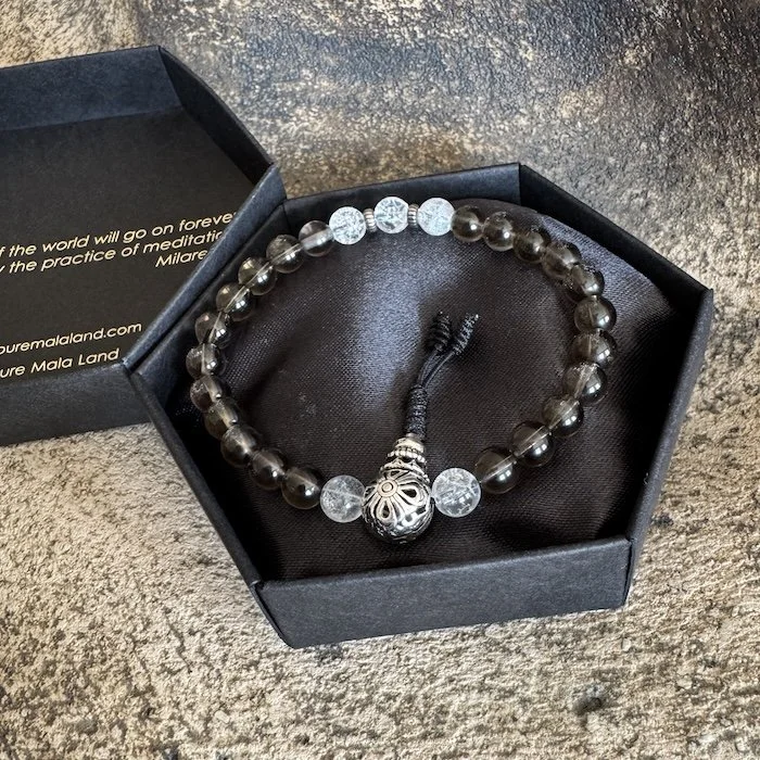 Smoky quartz buddhist bracelet with gift box.JPG