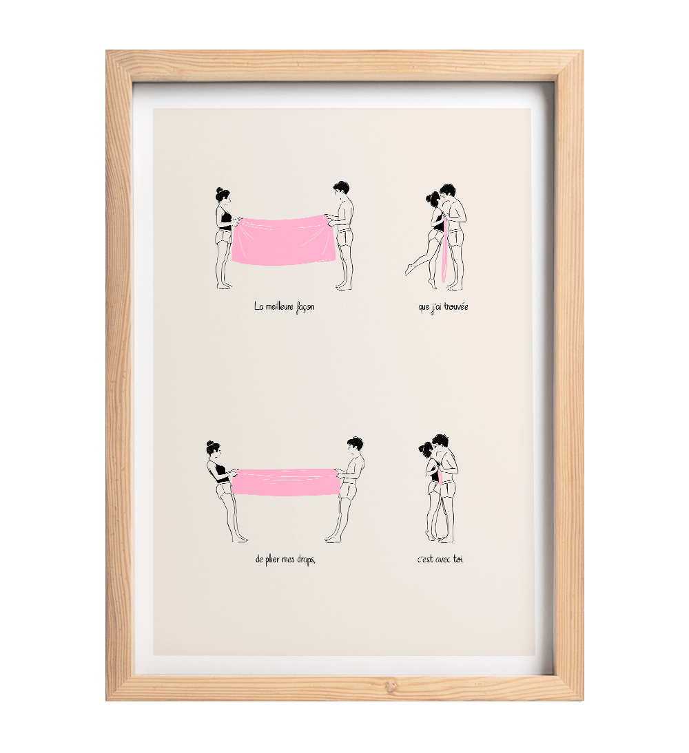 Illustration en quatre scènes d’un couple pliant un drap et s’embrassant à chaque fois qu’ils se rapprochent.