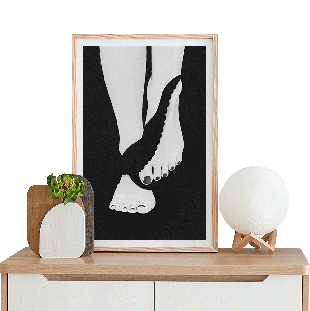 Fine art black and white illustration: crossed legs, panties slipping down to the feet, sensual and minimalist mood by Coucou Aurélien.