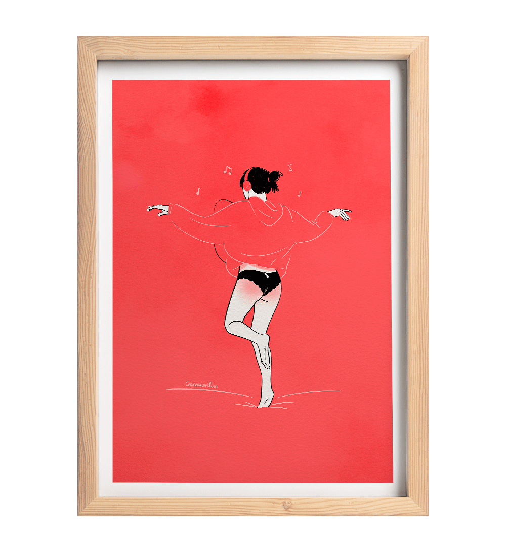 Illustration minimaliste d’une femme dansant en hoodie et culotte noire avec casque audio, style sensuel et contemporain signé Coucou Aurélien.