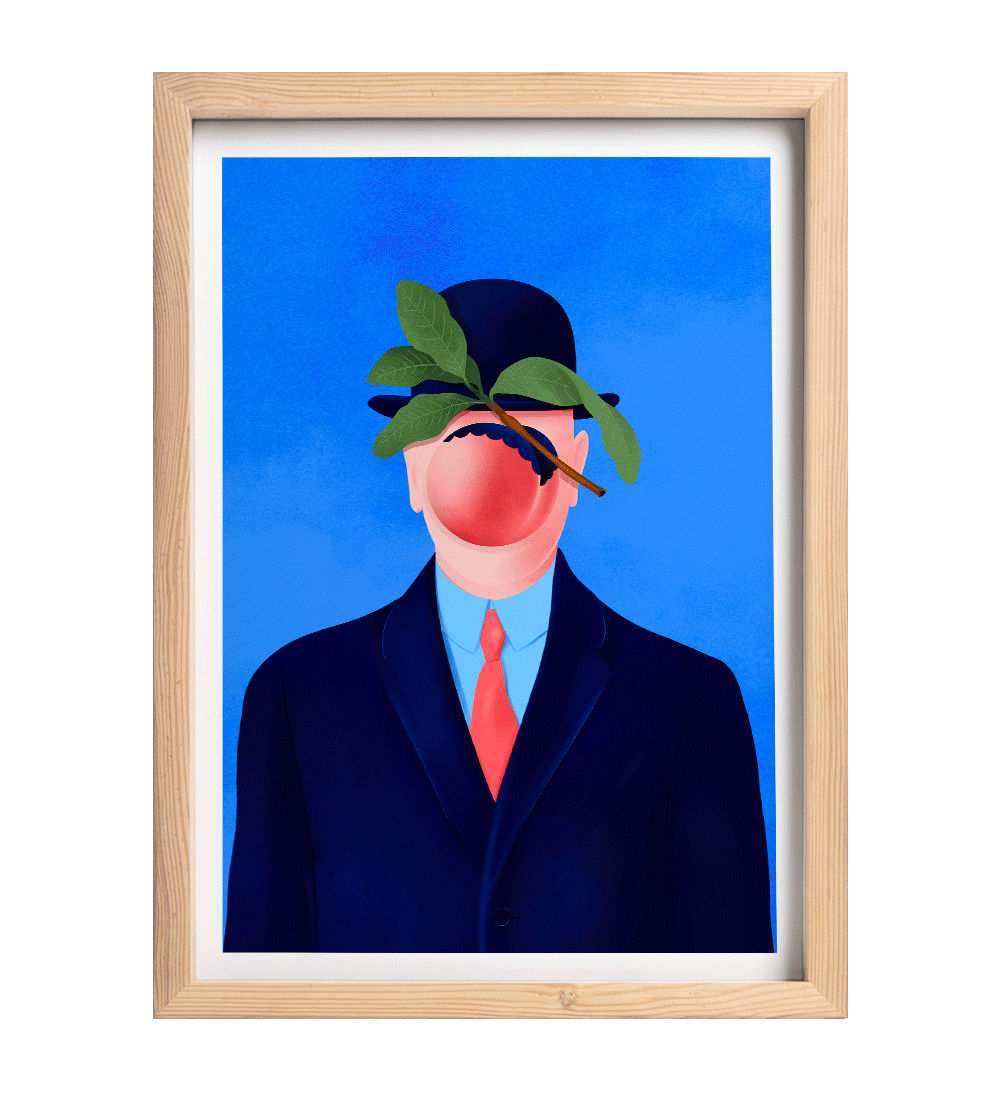 Illustration fine art : revisite de Magritte, « Le fils de l’homme », avec une pêche culottée à la place de la pomme. Clin d’œil humoristique et pop signé Coucou Aurélien.