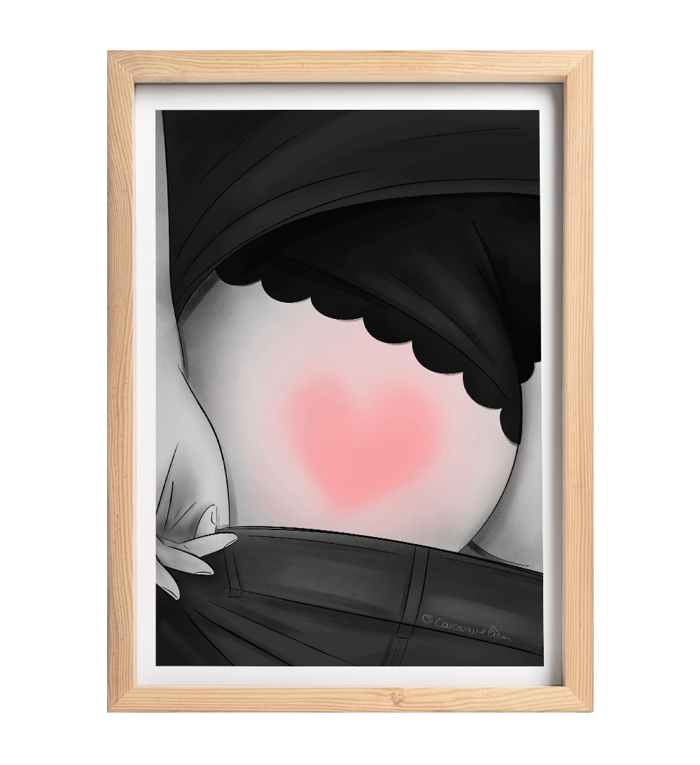Illustration fine art : une personne baisse son pantalon et dévoile une fessée en forme de cœur sous une culotte noire. Scène espiègle et tendre signée Coucou Aurélien.
