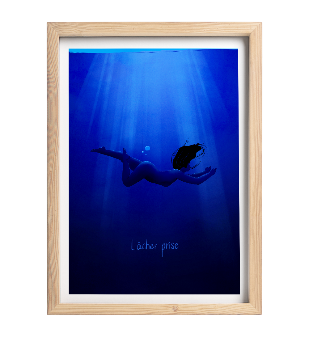 Illustration fine art d’une femme nue sous l’eau, bulles délicates pour illustrer le lâcher prise avec humour et poésie. Signée Coucou Aurélien.