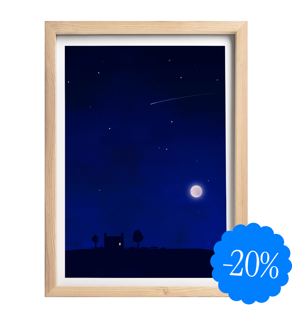Illustration fine art d'une nuit étoilée, maison éclairée sous la lune ronde. Silhouette sur fond bleu profond. Scène paisible et poétique signée Coucou Aurélien.