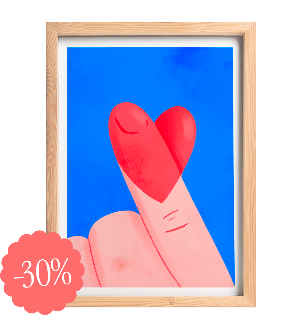 Illustration fine art d’un doigt formant un cœur rouge sur fond bleu, signée Coucou Aurélien. Image pop, colorée et amoureuse.