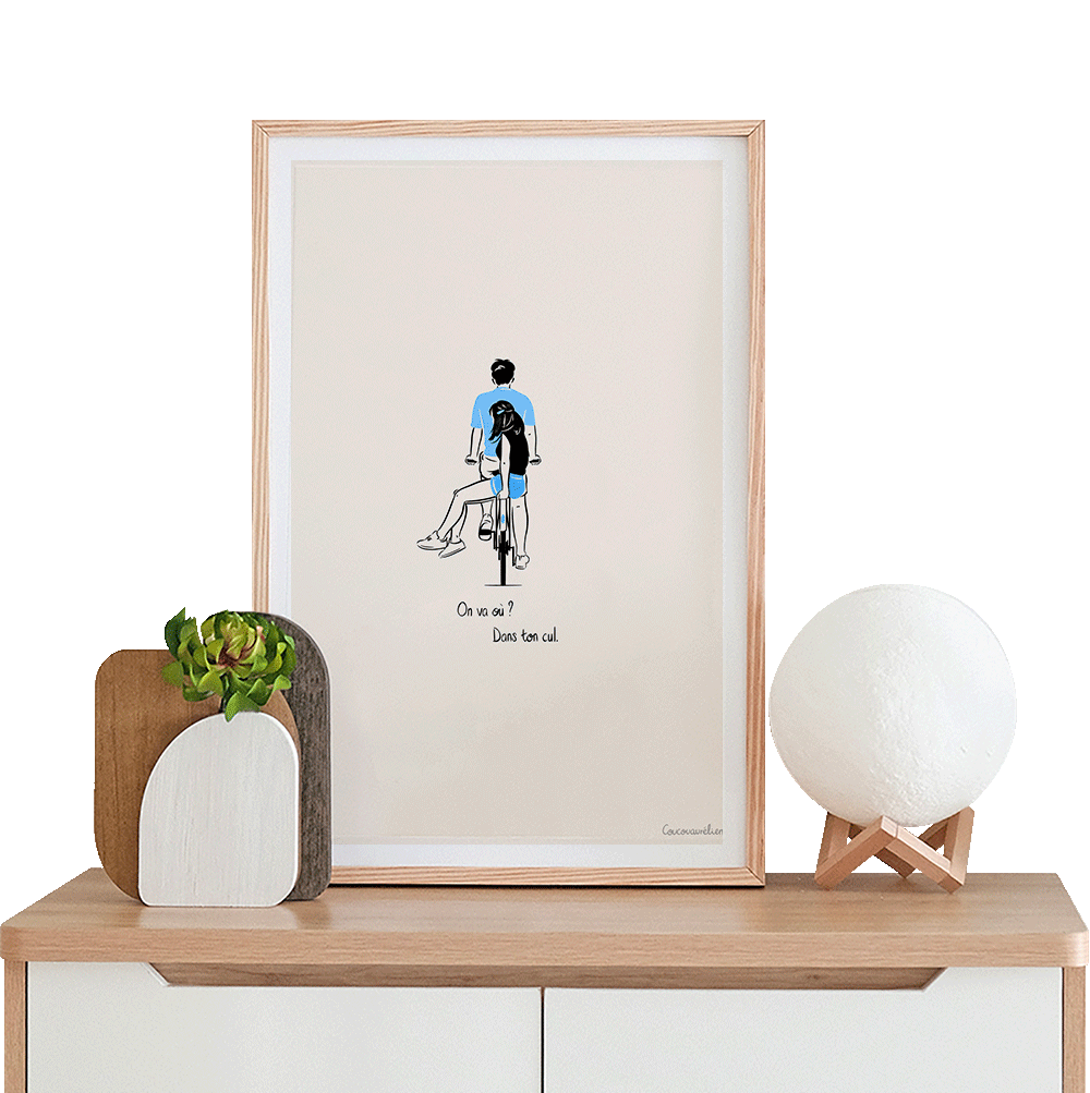 Illustration of a couple riding a bicycle together with the humorous French dialogue “On va où ? Dans ton cul.”