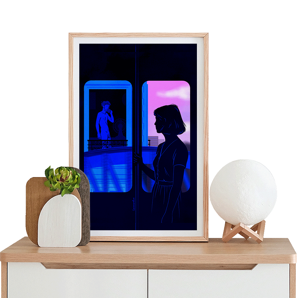 Fine art illustration: a woman in the Paris metro (line 6) exchanges glances with a naked man at his Haussmannian window. By Coucou Aurélien.