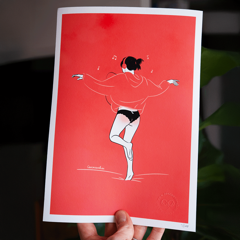 Minimalist illustration of a woman dancing in hoodie and black underwear with headphones, sensual contemporary artwork by Coucou Aurélien.