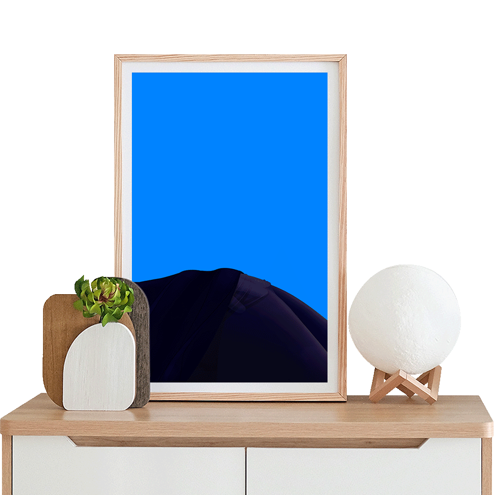 Fine art illustration: a hand slipping under blue tights on a bright background, by Coucou Aurélien. Sensual and minimalist.