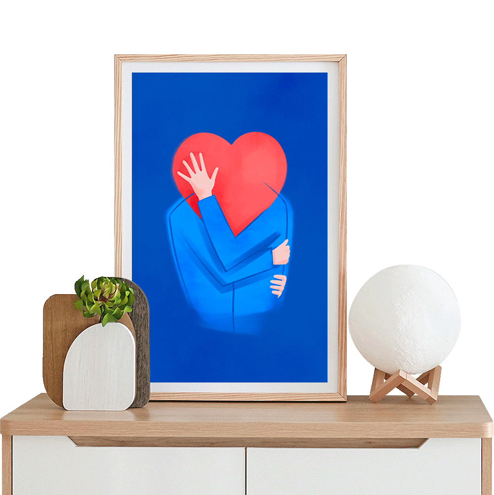 Fine art illustration of an embracing couple whose heads form a red heart on a blue background, by Coucou Aurélien. Tender and poetic image.
