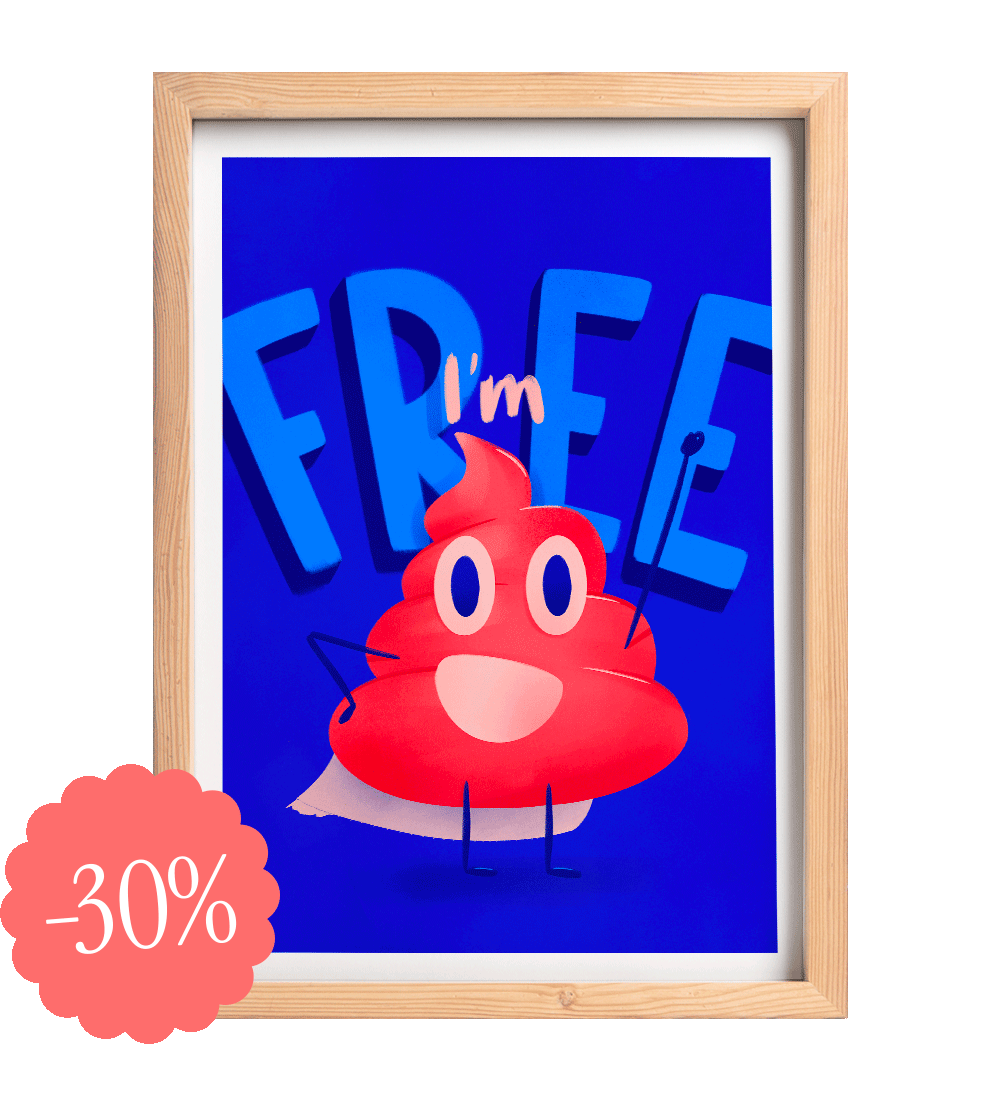 Illustration fine art d’un emoji caca rouge à cape de super-héros avec le texte “I’m free” sur fond bleu. Dessin pop, drôle et décalé signé Coucou Aurélien.